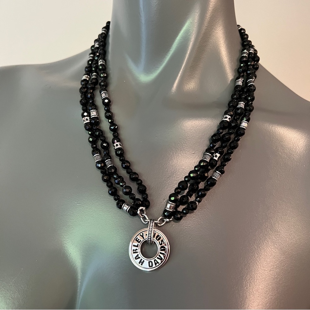 Harley Davidson 3 Strand Necklace 925 Sterling Silver Black Beaded Stamped 2009
